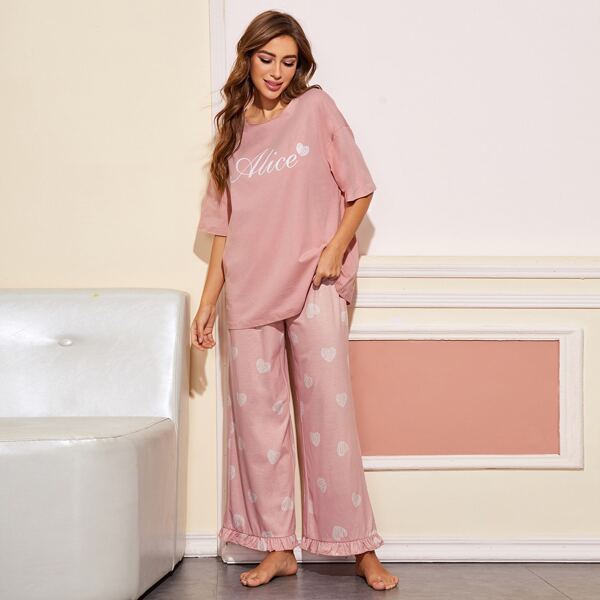 

Drop Shoulder Letter Graphic Top & Frill Hem Palazzo Pants PJ Set, Dusty pink
