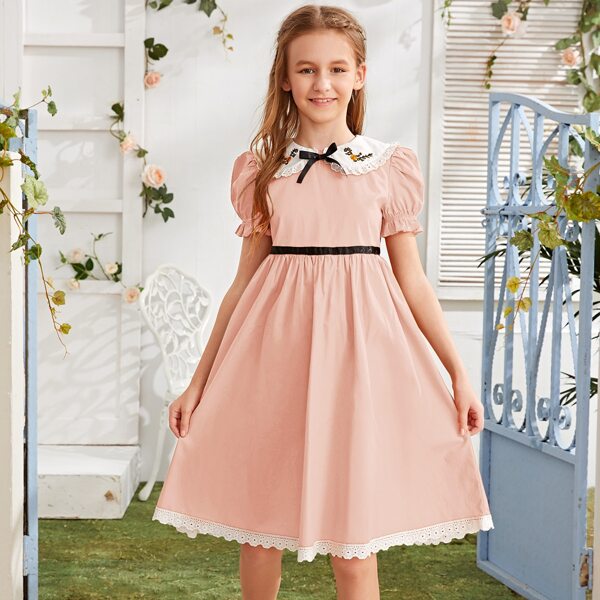 

Girls Bow Front Peter Pan Collar Schiffy Trim Dress, Pastel baby pink