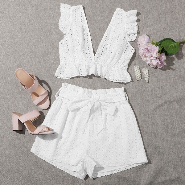 

Eyelet Embroidery Tie Back Top & Belted Shorts, White