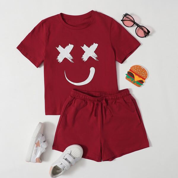 

Girls Cartoon Graphic Tee & Elastic Waist Shorts Set, Burgundy