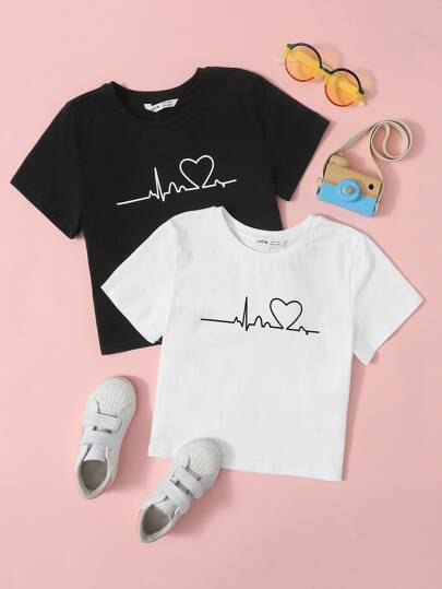 SHEIN Tween Girls 2 Packs Heart And Graphic Print Tee