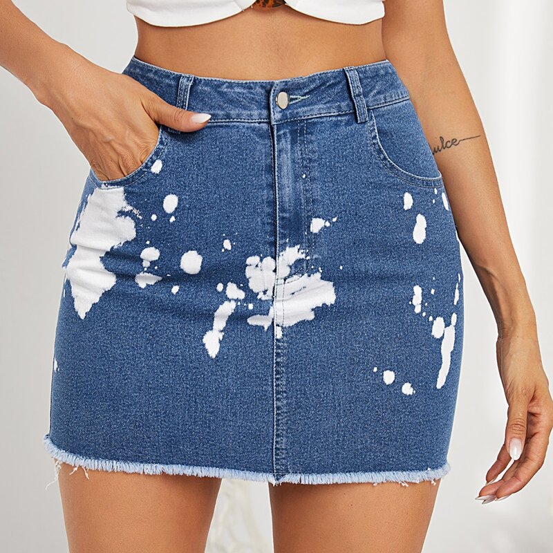 

Tie Dye Raw Hem Bodycon Denim Skirt, Medium wash