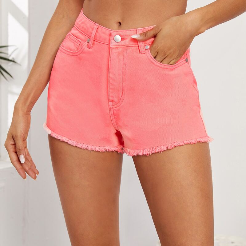 

Raw Hem Denim Shorts, Coral pink