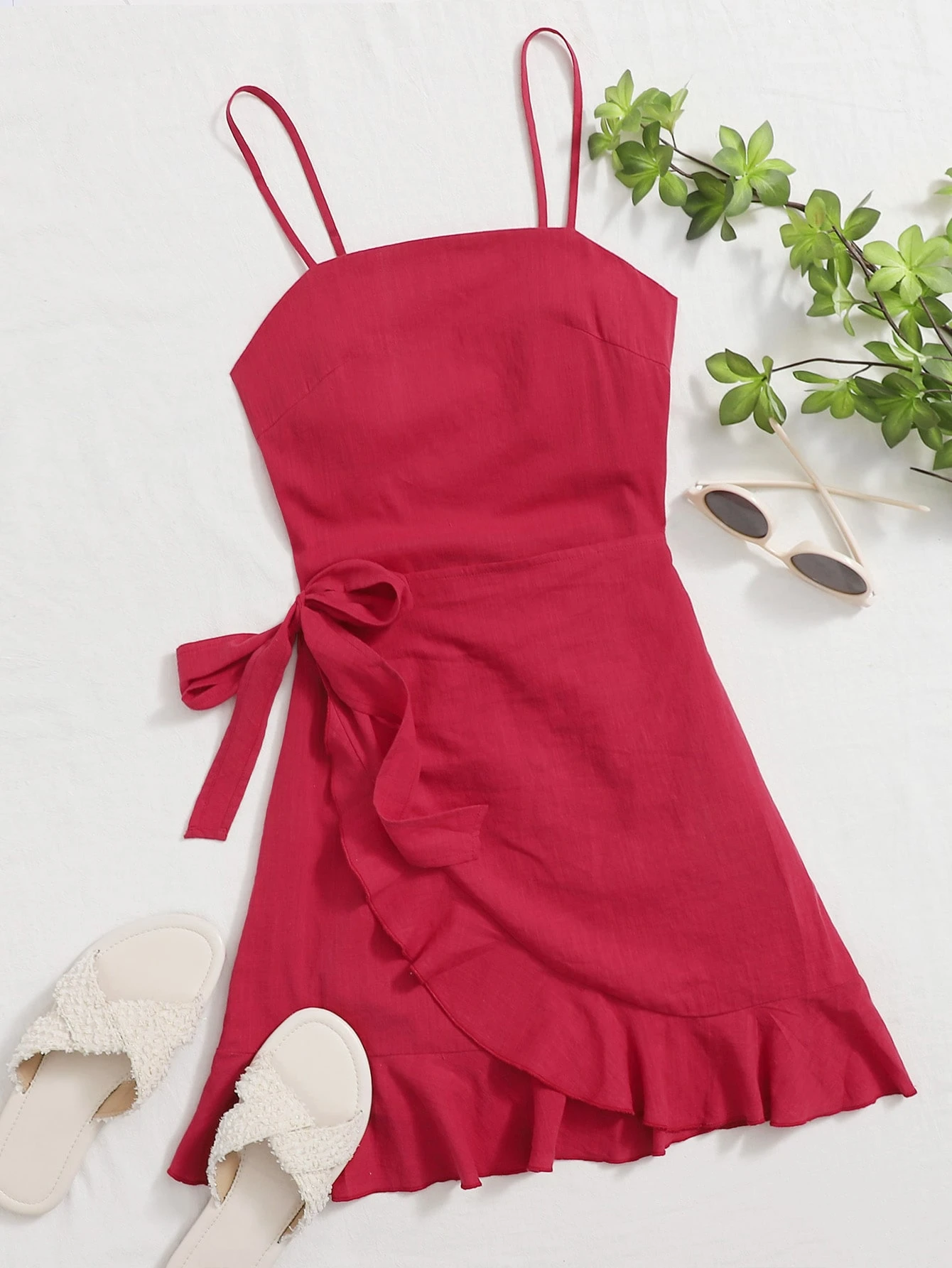 Tied open back ruffle trim wrap front cami dress Clearance