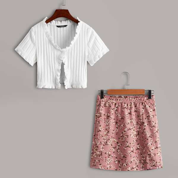 

Single Button Front Frill Trim Top and Split Hem Skirt Set, Multicolor