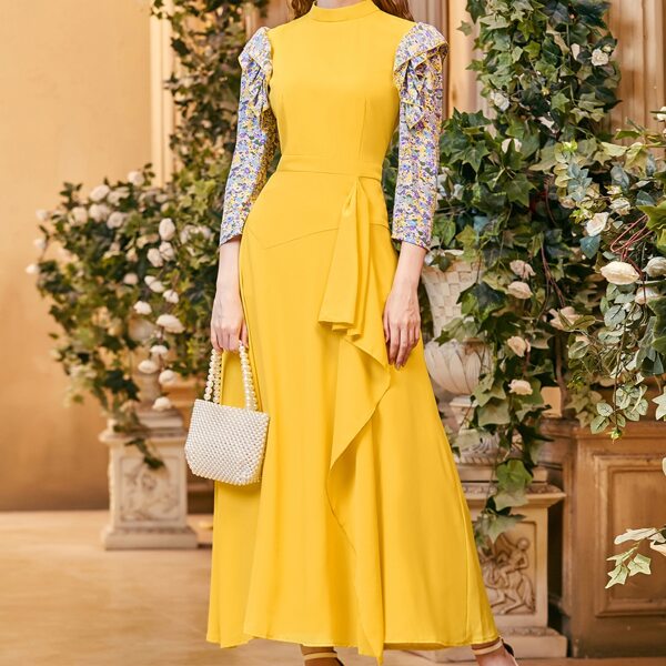 

Mock Neck Floral Panel Ruffle Trim Dress, Yellow