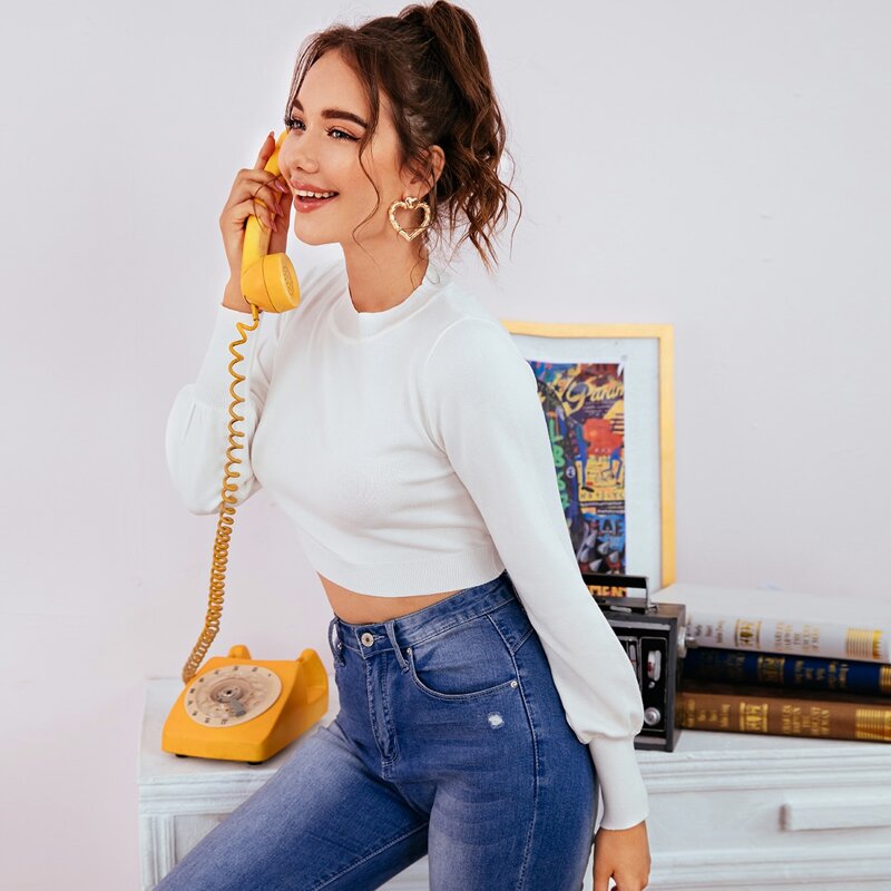 

Mock Neck Bishop Sleeve Crop Sweater, White