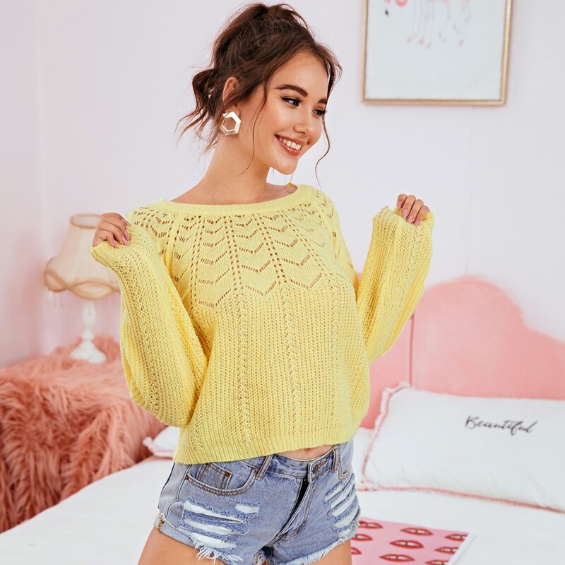 

Raglan Sleeve Pointelle Knit Sweater, Yellow