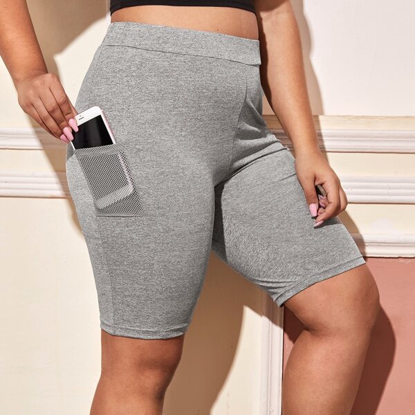 

Plus Wide Waistband Biker Shorts With Phone Pocket, Grey