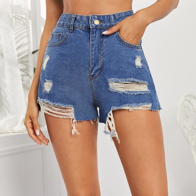 

Ripped Raw Hem Denim Shorts, Medium wash
