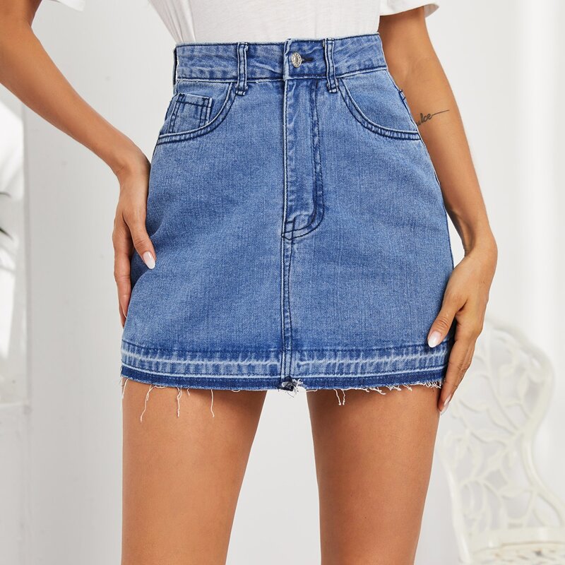 

Raw Hem Slant Pocket Denim Skirt, Light wash