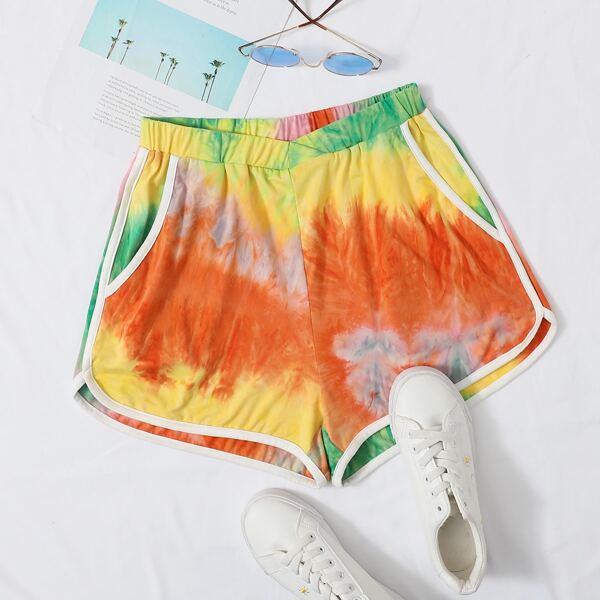 

Notched Waist Contrast Binding Tie Dye Shorts, Multicolor