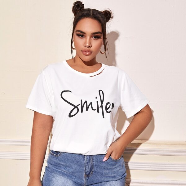 

Plus Cut Out Neck Letter Graphic Top, White