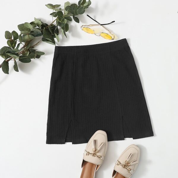 

M-slit Hem Rib-knit Skirt, Black