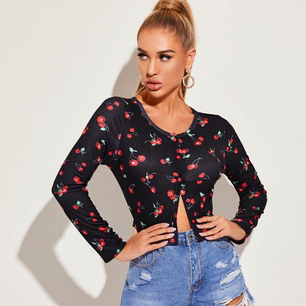 

Buttoned Front Cherry Print Top, Black