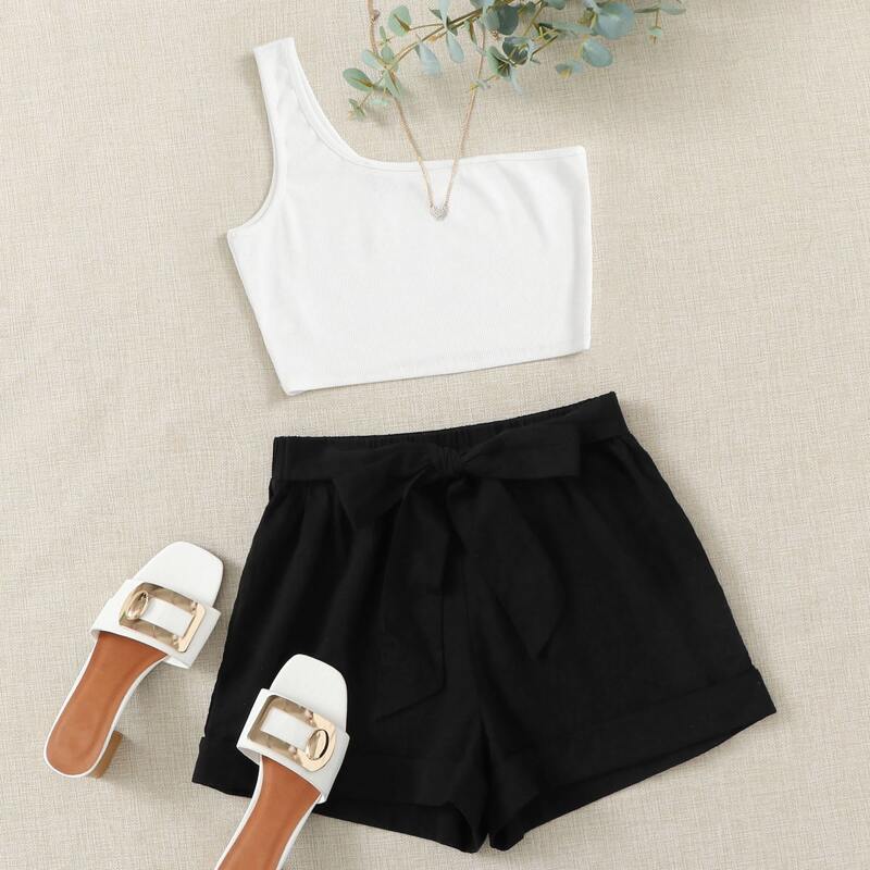 

One Shoulder Rib-knit Top and Tie Waist Shorts Set, Black and white