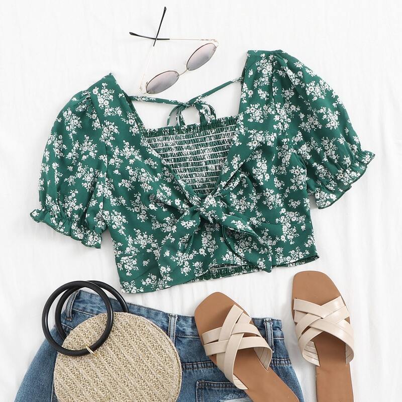 

Ditsy Floral Tie Front Crop Top, Dark green