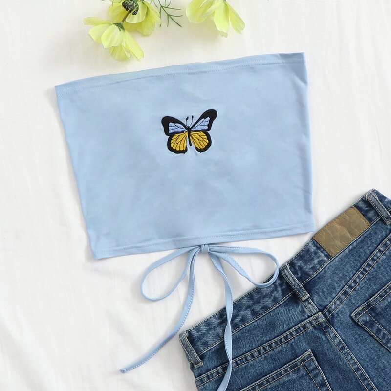 

Butterfly Embroidery Tube Top, Pastel baby blue