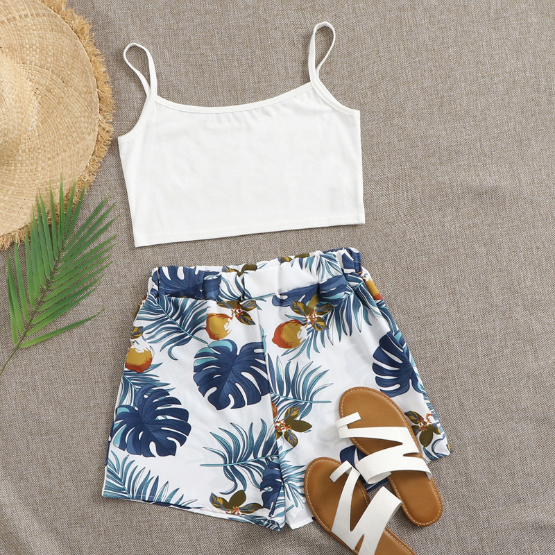 

White Crop Cami & Tropical Shorts, Blue and white