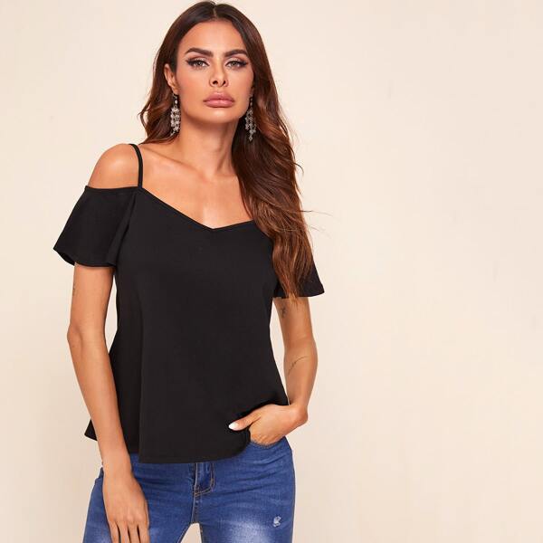 

Open-Shoulder Flounce Sleeve Top, Black