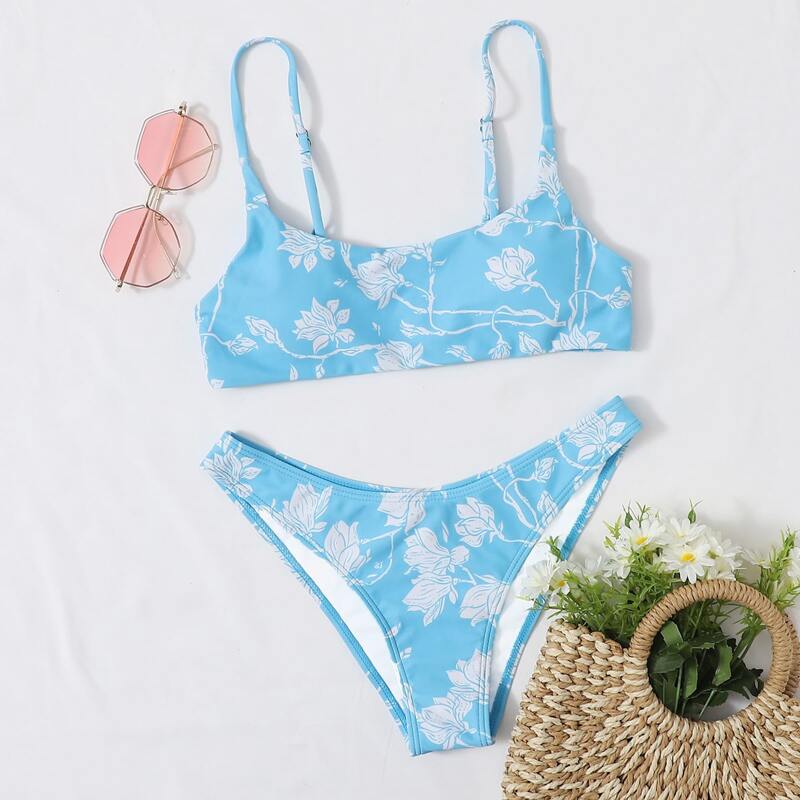 

Floral Print Bikini Swimsuit, Pastel baby blue