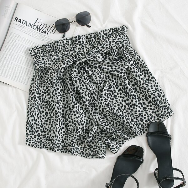 

Paperbag Waist Allover Print Shorts, Black and white