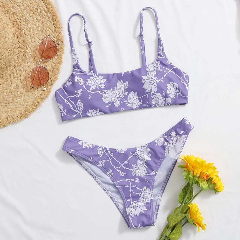 

Floral Cheeky Bikini Swimsuit, Pastel lilac purple