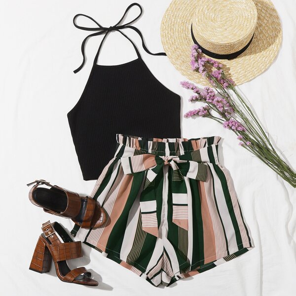 

Ribbed Halter Top & Striped Paperbag Shorts Set, Multicolor