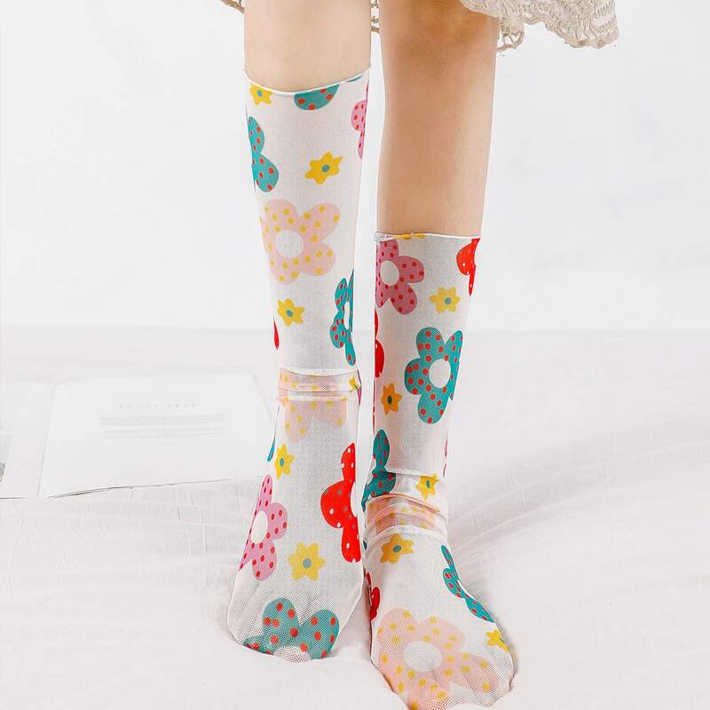 

1pair Random Floral Mesh Socks, Multicolor