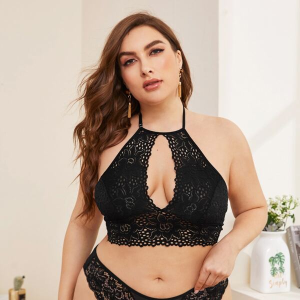 

Plus Floral Lace Halter Bralette, Black