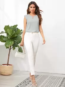 SHEIN Clasi Keyhole Neck Scallop Trim Top - Mint Green - View 4