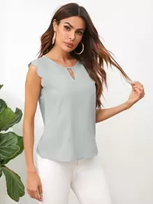 SHEIN Clasi Keyhole Neck Scallop Trim Top - Mint Green - View 5