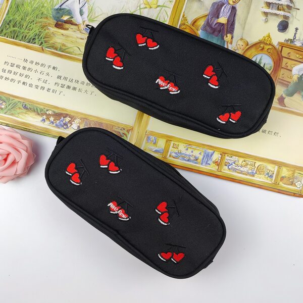 

1pc Cherry Embroidery Pencil Bag, Black