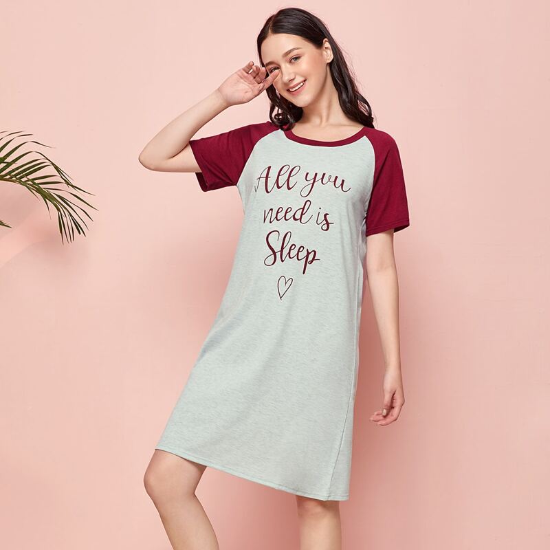 

Slogan Print Baseball Tee Dress, Light grey