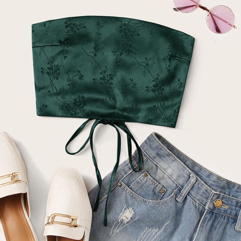 

Satin Jacquard Lace Up Tube Top, Dark green