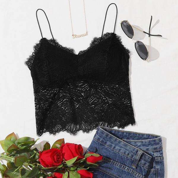 

Longline Floral Lace Cami Bralette, Black