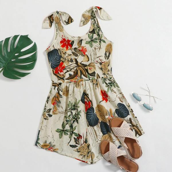 

Knotted Shoulder Tropical Romper, Multicolor