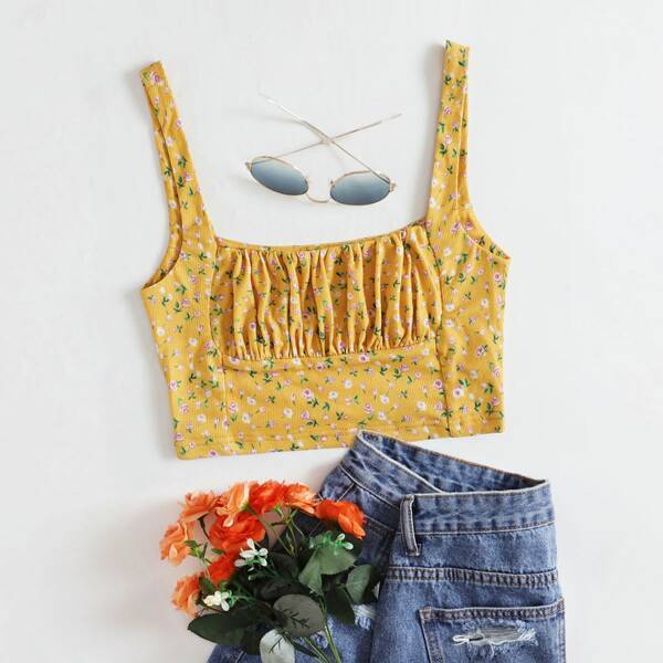 

Ditsy Floral Ruched Bust Crop Cami Top, Yellow