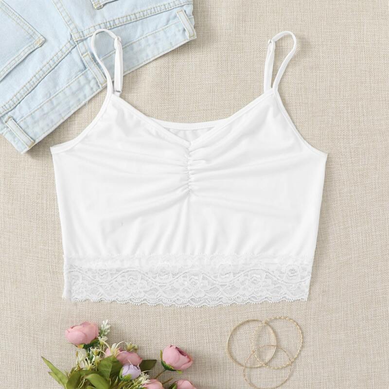 

White Ruched Lace Hem Cami