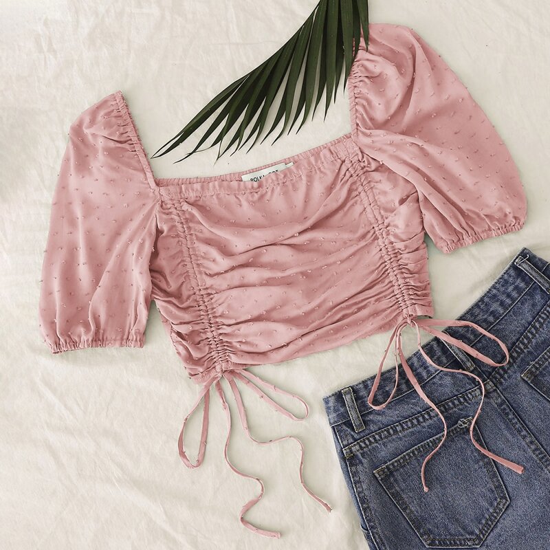 

Drawstring Knot Ruched Swiss Dot Crop Top, Dusty pink
