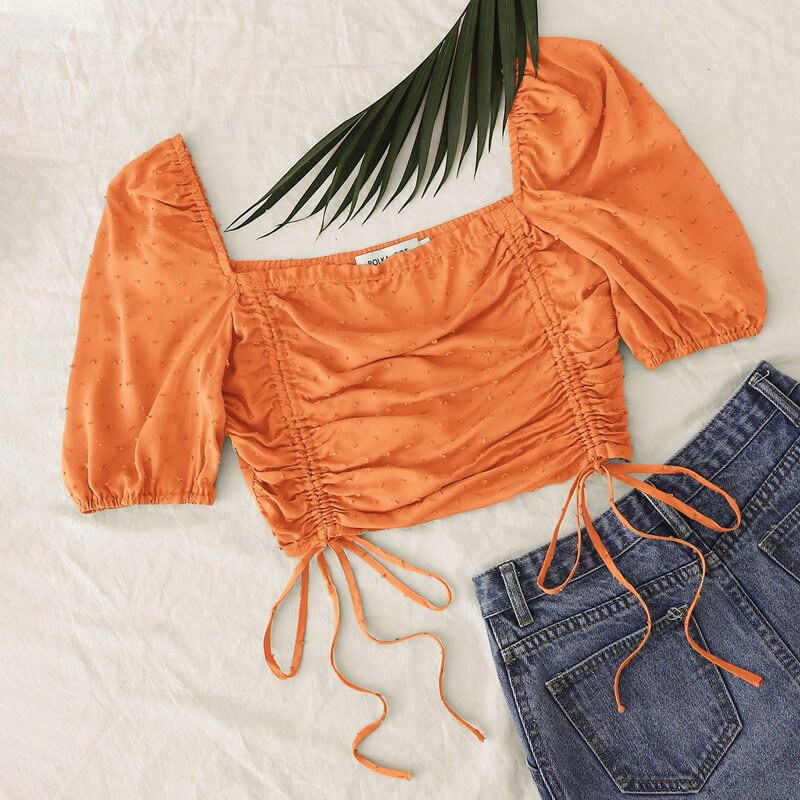 

Drawstring Knot Ruched Swiss Dot Crop Top, Orange