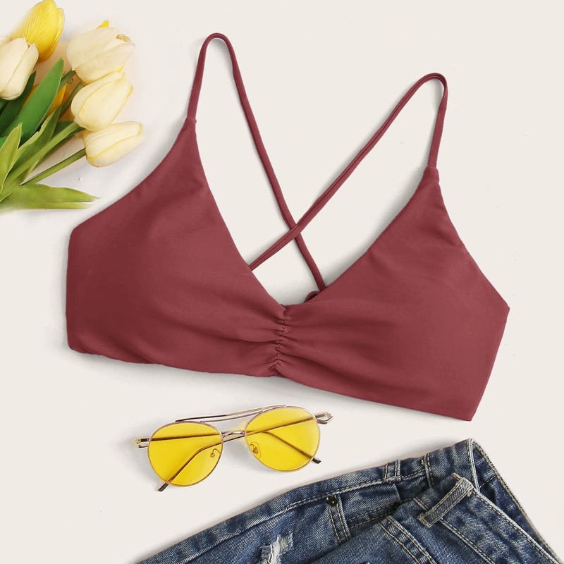 

Lace Up Back Ruched Bikini Top, Redwood