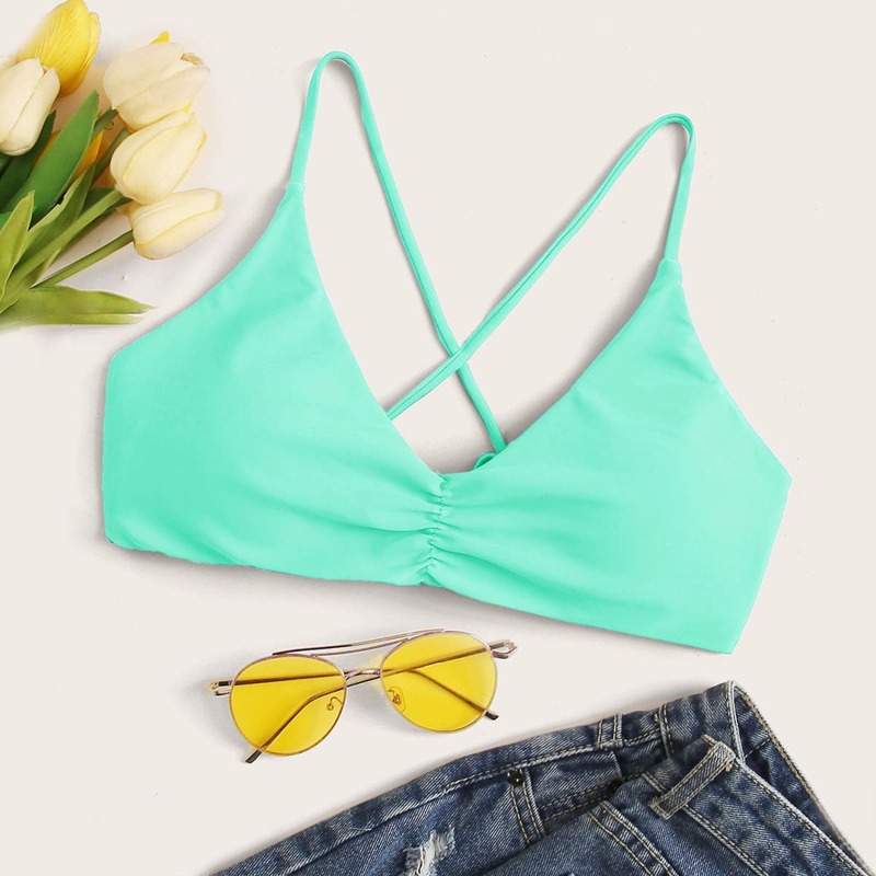 

Lace Up Back Ruched Bikini Top, Bright mint green