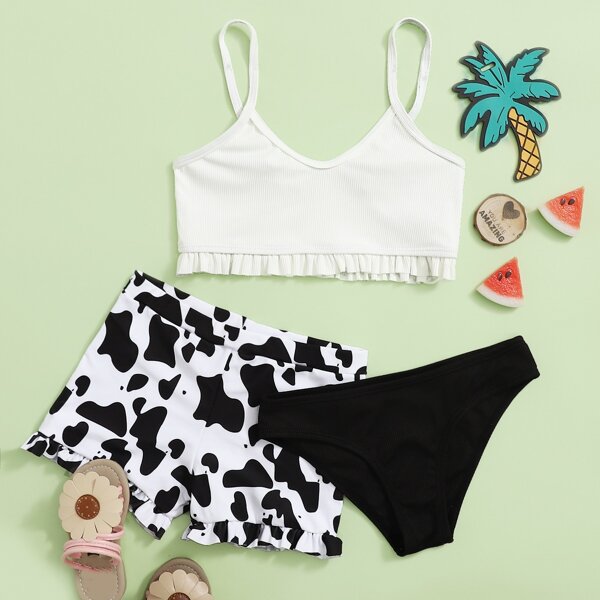 

3pack Girls Cow Pattern Frill Trim Bikini Swimsuit, Black and white