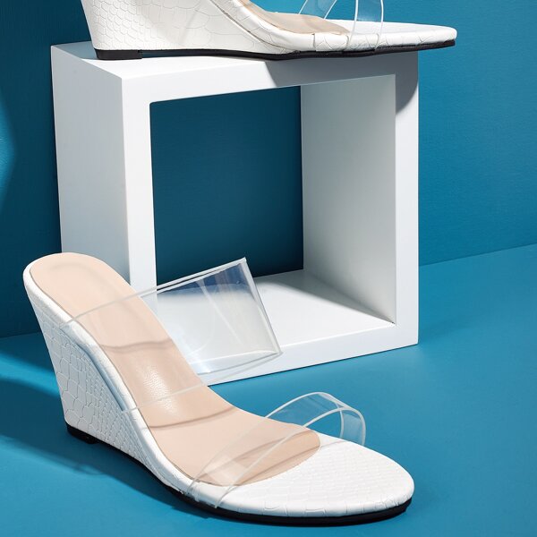 

Croc Embossed Clear Wedge Mules, White