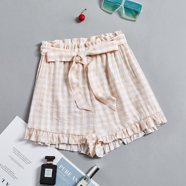 

Gingham Self Tie Paperbag Waist Shorts, Multicolor