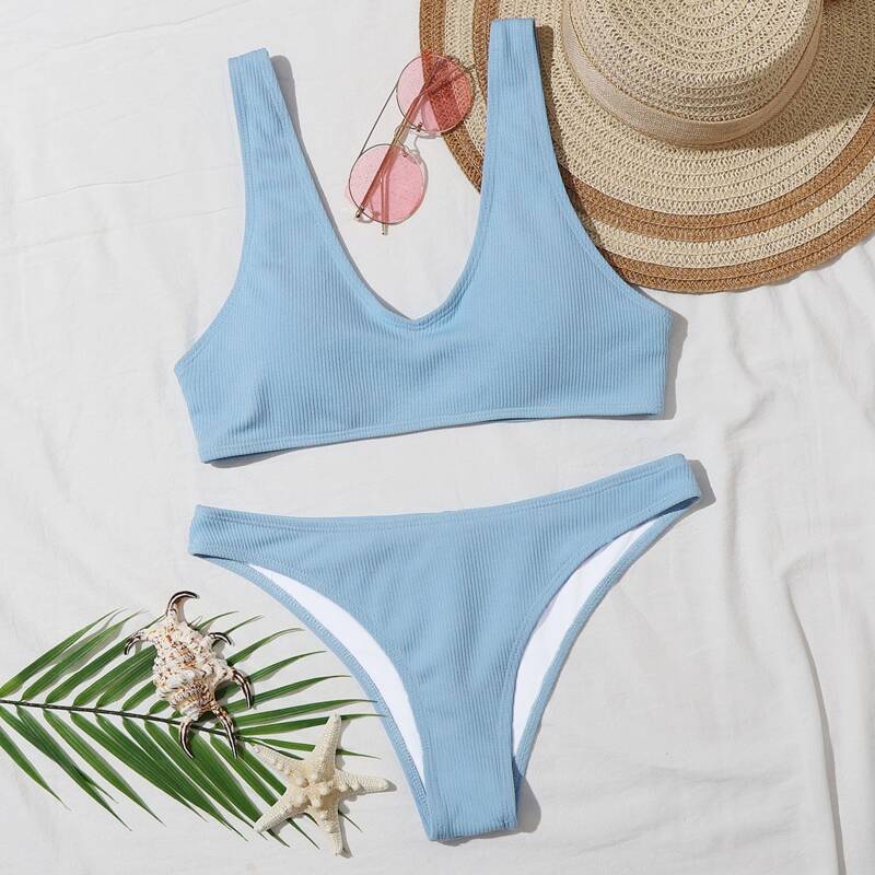 

Ribbed Tank Bikini Swimsuit, Pastel baby blue