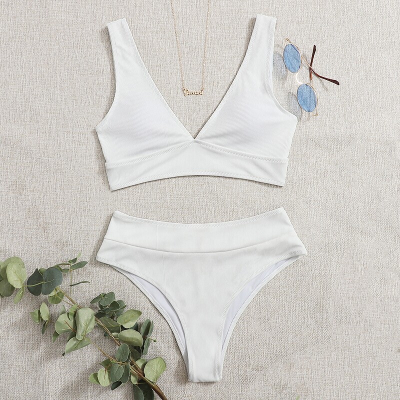 

Ribbed High Waist Bikini Swimsuit, White