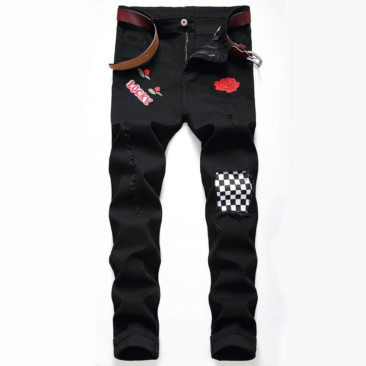 

Guys Rose Embroidery Ripped Jeans, Black