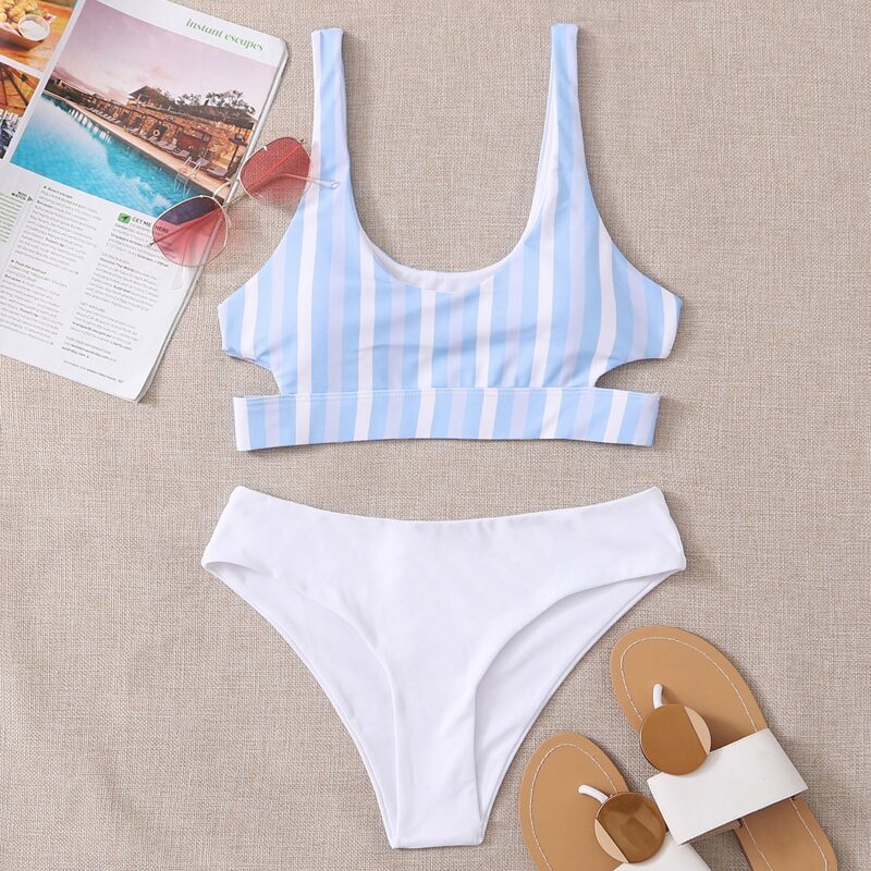 

Stripe Cut-out Bikini Swimsuit, Blue and white